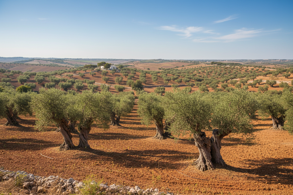 Distesa di ulivi secolari pugliesi, fonte dell'olio extravergine di oliva Coratina DOP della Puglia