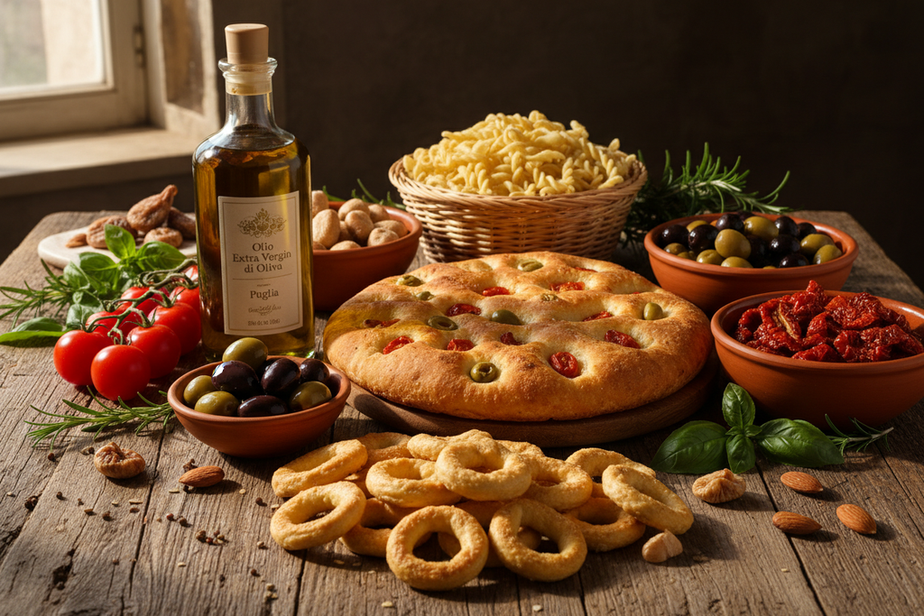 Selezione di prodotti tipici pugliesi artigianali: taralli, olio extravergine e specialità della tradizione gastronomica pugliese